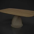 Modern Dining Table With Brown Wooden Top And Layered Spiral Base Design