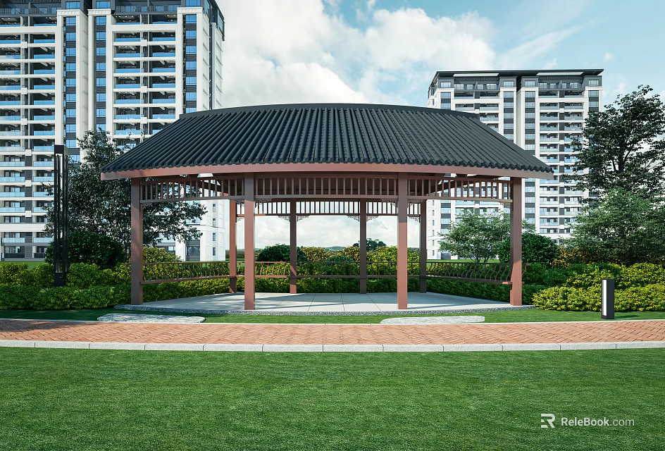 Outdoor Garden Pavilion With Black Roof Red Pillars And Green Plants Near High Rise Buildings 3d model 