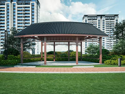 Outdoor Garden Pavilion With Black Roof Red Pillars And Green Plants Near High Rise Buildings 3d model