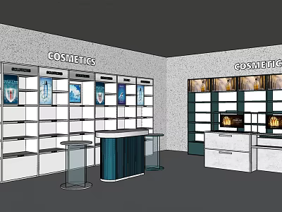 Cosmetics Display Shelves With Arranged Racks And Counter In Modern Store 3d model