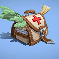 Brown Leather Medical Kit With Red Cross Symbol Scroll Small Bottles And Green Herbs