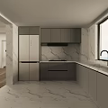 Modern Kitchen Featuring Gray Cabinets Marble Countertop Stove Sink And Window 3d model