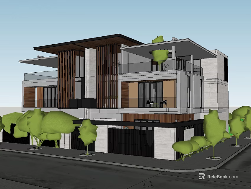 Modern Semi Detached Villa With Two Story Design Large Windows Balconies And Green Courtyard 3d model 