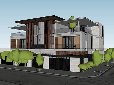 Modern Semi Detached Villa With Two Story Design Large Windows Balconies And Green Courtyard 3d model
