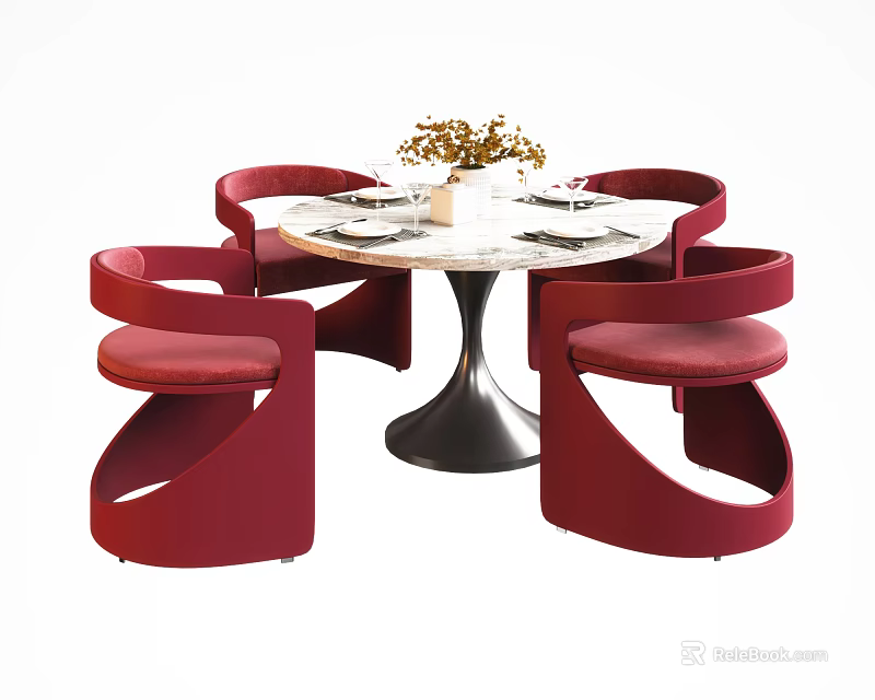Modern Round Dining Table Set with Marble Tabletop Metal Base and Red Chairs 3d model