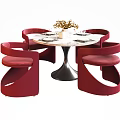 Modern Round Dining Table Set with Marble Tabletop Metal Base and Red Chairs 3d model