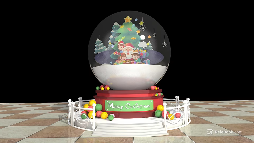Festive Christmas Snow Globe With Tree Santa Gifts Merry Christmas Base And White Fence 3d model 