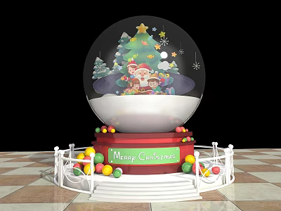 Festive Christmas Snow Globe With Tree Santa Gifts Merry Christmas Base And White Fence 3d model