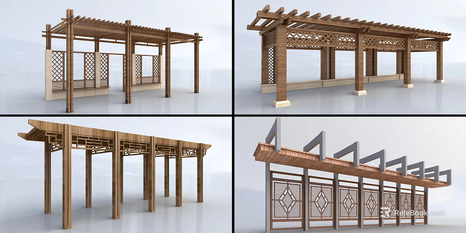 Wooden Pergola With Lattice Panels And Decorative Columns For Outdoor Use 3d model 