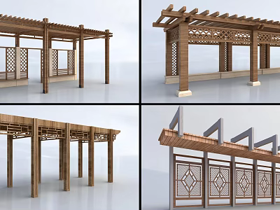 Wooden Pergola With Lattice Panels And Decorative Columns For Outdoor Use 3d model