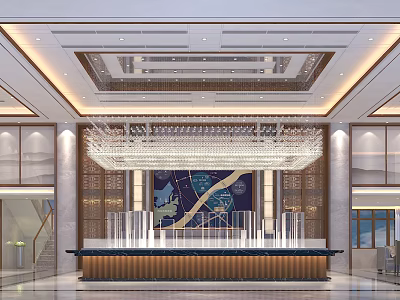 Modern Luxury Sales Office Interior With Crystal Chandelier Reception Desk And Map Wall Art 3d model