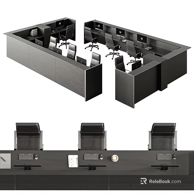 Modern Office Cubicle Workstation Desk Layout With Multiple Ergonomic Chairs And Computer Monitors 3d model
