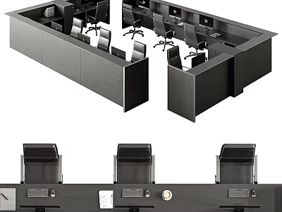 Modern Office Cubicle Workstation Desk Layout With Multiple Ergonomic Chairs And Computer Monitors 3d model