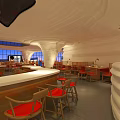 Modern Restaurant Interior With Unique Wave-like Ceiling Red Chairs Bar Counter And Windows