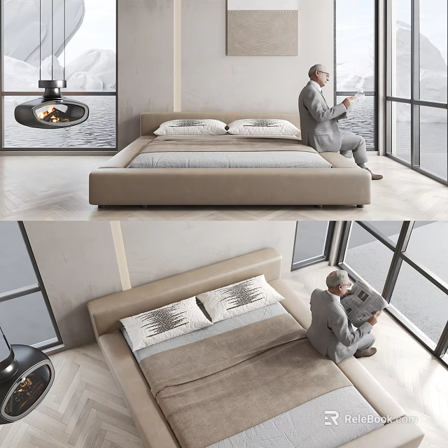 Modern Beige Double Bed In Bedroom With Two Pillows Chandelier And Large Windows 3d model 
