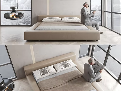 Modern Beige Double Bed In Bedroom With Two Pillows Chandelier And Large Windows 3d model