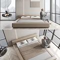 Modern Beige Double Bed In Bedroom With Two Pillows Chandelier And Large Windows