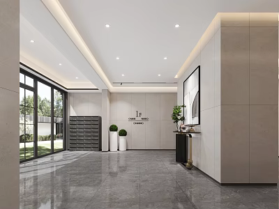 Modern Lobby Interior With Marble Floor Floor to Ceiling Windows And Green Plants 3d model