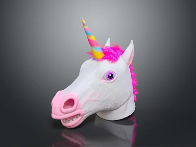 White Unicorn Head Decoration With Pink Mane Colorful Horn Purple Eye And Pink Nose 3d model