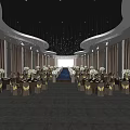 Elegant Banquet Hall Interior With Crystal Chandeliers White Flower Arrangements And Stage