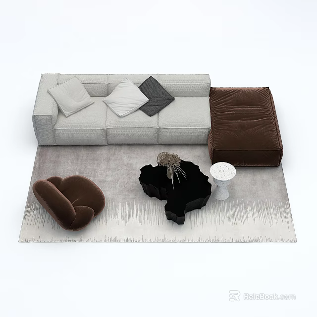 Light Gray Sofa with Throw Pillows Black Irregular Coffee Table Set and Ottoman 3d model
