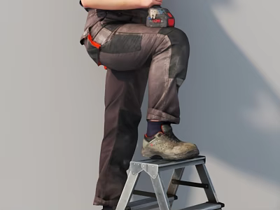 Man Standing On Metal Ladder Wearing Work Pants With Tool Belt During Work 3d model