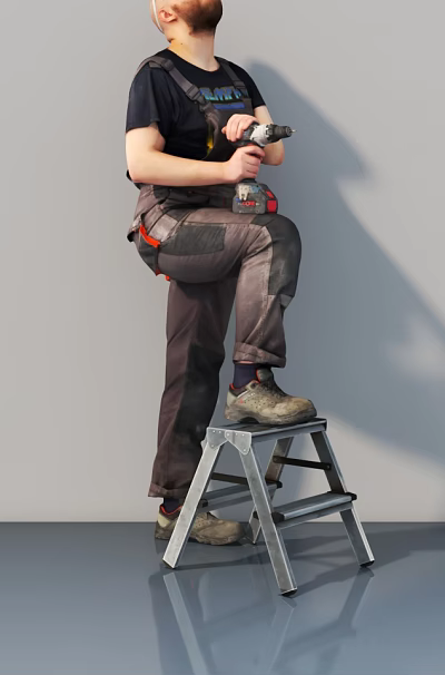 Man Standing On Metal Ladder Wearing Work Pants With Tool Belt During Work 3d model Man Standing On Metal Ladder Wearing Work Pants With Tool Belt During Work 3d model