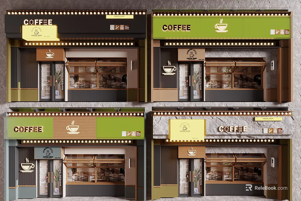 Colorful Coffee Shop Storefront Design With Green Yellow Signage And Display Windows 3d model 