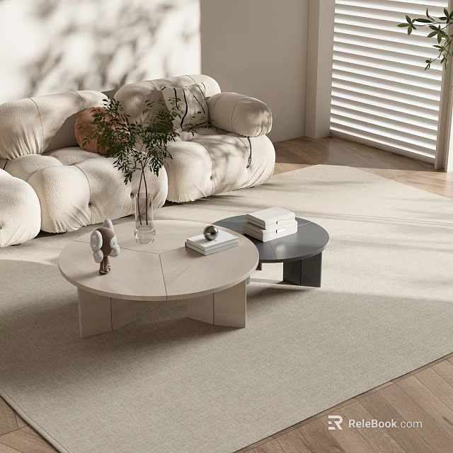 Minimalist Coffee Tables With Cream Sofa Plant Books On Light Rug 3d model 