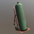 Rusted Green Gas Cylinder on Red Wheeled Cart with Metal Frame
