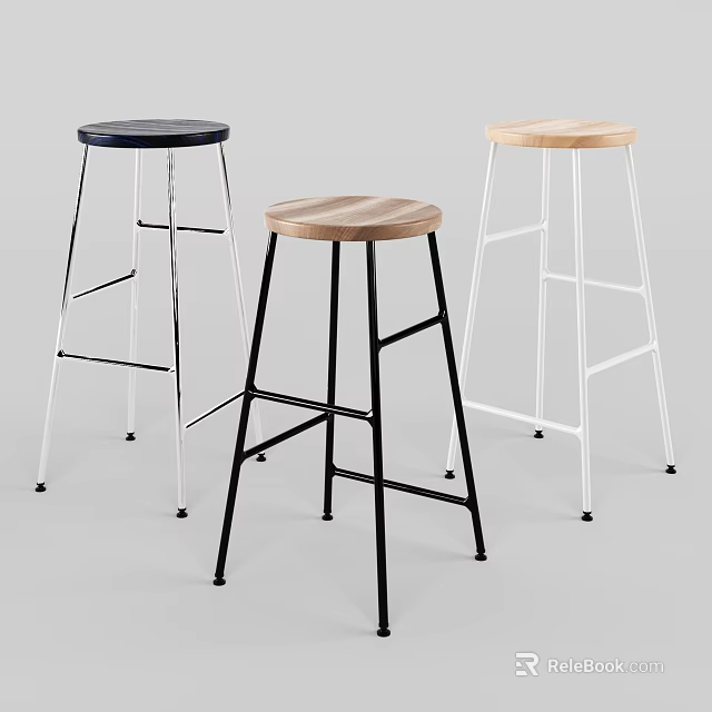 Modern Stylish Bar Stools With Wooden Seats And Metal Frames In Black White 3d model 