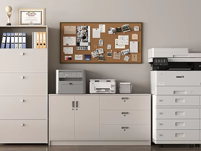 Organized Office Interior With Corkboard Notes Photos Filing Cabinets Printers Trophy And Certificate Frame 3d model