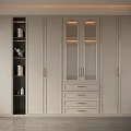 Modern Light Colored Wardrobe With Open Shelves Glass Doors Drawers Lighting And Golden Handles