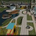 Amusement Park with Roller Coaster Lake Colorful Buildings and Fountain