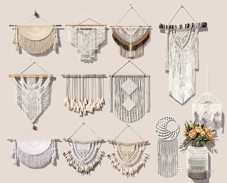 Bohemian Handmade Macramé Wall Hangings With Various Patterns Tassels And Geometric Designs For Home Decor 3d model 