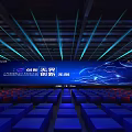 Stage With Blue Background Innovation Theme Text Red And Blue Seats And Cars
