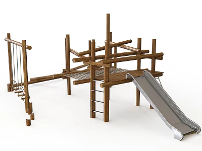 Outdoor Wooden Playground Equipment With Climbing Structure Slide Net And Ladder 3d model