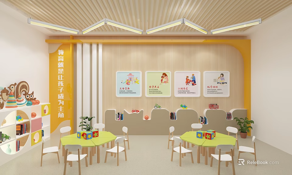 School Kindergarten Classroom With Yellow Walls Colorful Posters Green Tables And White Chairs 3d model 
