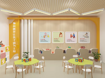 School Kindergarten Classroom With Yellow Walls Colorful Posters Green Tables And White Chairs 3d model