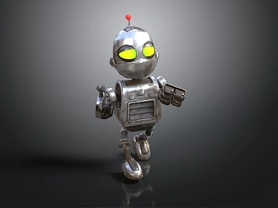 Metallic Silver Robot With Yellow Glowing Eyes And Red Antenna Standing On Dark Background 3d model