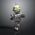 Metallic Silver Robot With Yellow Glowing Eyes And Red Antenna Standing On Dark Background