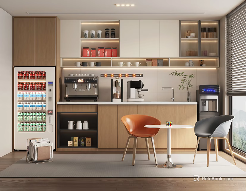 Modern Break Room Interior with Refrigerator Coffee Machine Cabinets Table and Orange Black Chairs 3d model 