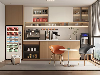 Modern Break Room Interior with Refrigerator Coffee Machine Cabinets Table and Orange Black Chairs 3d model