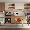 Modern Break Room Interior with Refrigerator Coffee Machine Cabinets Table and Orange Black Chairs