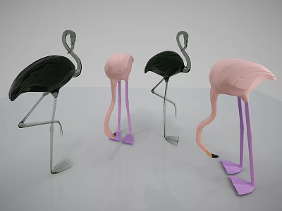 Decorative Flamingo Ornament Set With Black Pink Figures And Silver Purple Legs In Varied Poses 3d model