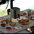 Modern Dining Table Set With Assorted Dishes Air Fryer And Scenic Outdoor View