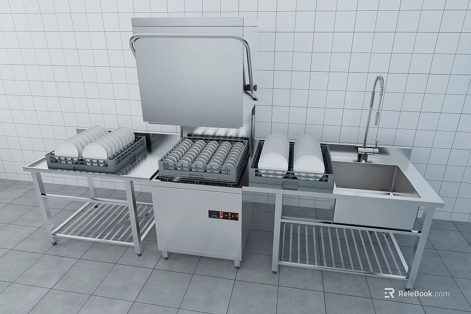 Stainless Steel Commercial Kitchen Appliances With Dishwasher Sink And Storage Racks 3d model 
