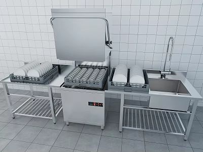 Stainless Steel Commercial Kitchen Appliances With Dishwasher Sink And Storage Racks 3d model