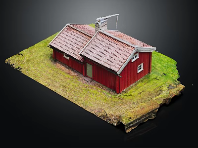 Cartoon Scene Red Cottage With Red Tile Roof Door Windows Green Grass And Black Background 3d model
