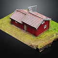 Cartoon Scene Red Cottage With Red Tile Roof Door Windows Green Grass And Black Background
